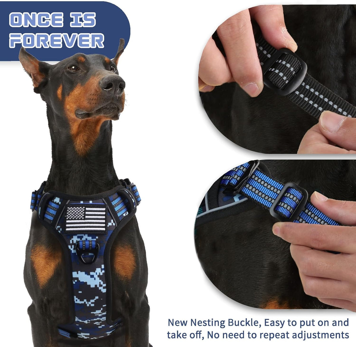 BUMBIN Tactical Dog Harness for Small Dogs No Pull, Famous TIK Tok No Pull Puppy Harness, Fit Smart Reflective Pet Walking Harness for Training, Adjustable Dog Vest Harness with Handle Blue Camo S