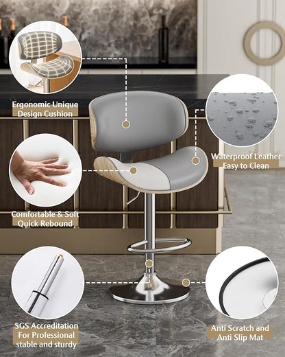 Aowos Bar Stools Set of 2, Adjustable Swivel Leather Bar Stools for Kitchen Island, Mid Century Modern Counter Height Bar Chairs Barstools with Back & Footrest (Grey)