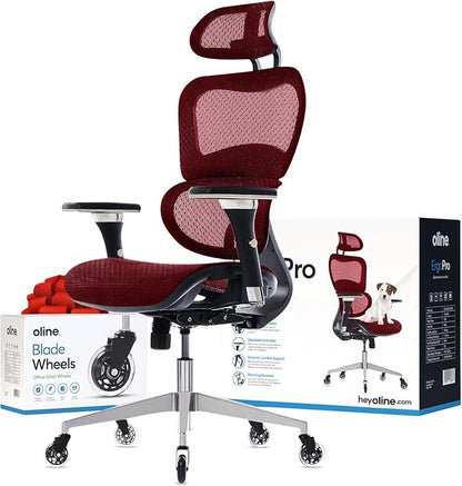 Oline ErgoPro Ergonomic Office Chair with 4D Adjustable Armrest, 3D Lumbar Support and Blade Wheels - Mesh Computer Gaming Rolling Desk Executive Swivel Home Chair (Burgundy Red)
