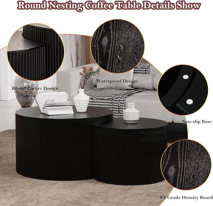 Nesting Coffee Table with Non-Slip Mat Vertical Stripe Design Round Fluted Side Table Set of 2 - No Assembly Required for Living Room Bedroom Balcony Yard (I-27.6+19.7in)