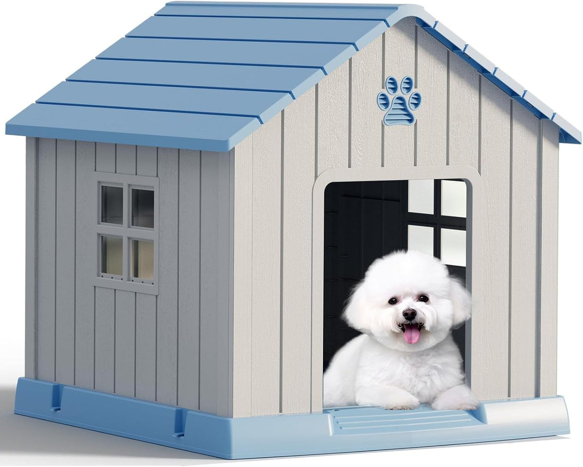 Large Dog House Outdoor Indoor for Medium Large Dogs, Durable Plastic Waterproof Doghouse with Air Vents and Elevated Floor, Easy Clean and Assemble (Blue, 31" L x 33.3" W x 33.5" H)