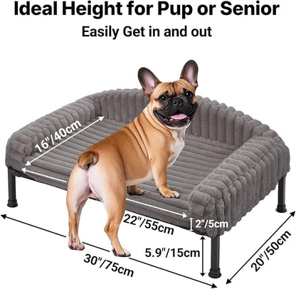 Veehoo Elevated Dog Bed with Bolster Cushion, Fluffy Plush Dog Couch Beds for Small Dogs, Cats, Washable Raised Pet Cot with Non-Slip Feet for Indoor or Patios Use, 30 x 20 Inches, Grey