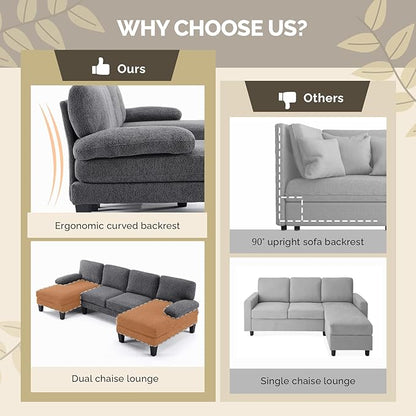 VINGLI 110' U-Shaped Sectional Couch with Two Chaise, Affordable Small Sofa with 4 Seats, Chenille Fabric Comfy Couches for Living Room, Dark Grey