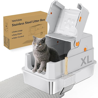 TENTIZON Stainless Steel Cat Litter Box with Lid, Large Covered Enclosed Kitty Litterbox with Hood, Flip Top, High Side, Litter Mat, Scoop for Big Cats, Kitten, No Odor, No Mess, Easy Clean, Grey