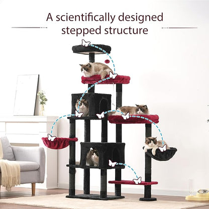 Hey-brother Cat Tree Tower, Scratching Posts with a Extended Part, Wide Platforms, Cozy Condos, Hammocks, Sisal Columns and Ball for Indoor Cats, 70.1 Inches, Black and Red MPJ038BR