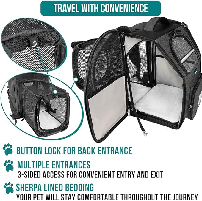 PetAmi Dog Cat Backpack Carrier, Expandable Pet Carrier Backpack for Travel Hiking, Small Medium Dog Puppy Large Cat Carrying Backpack, Airline Approved Ventilated Soft Back Support, 18 lbs, Dark Gray