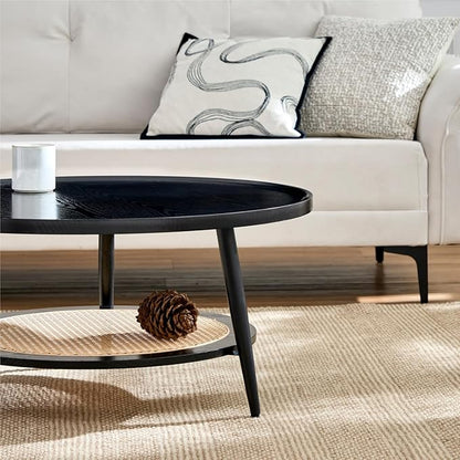 Saint Mossi Wood and Rattan Coffee Table for Living Room, Mid Century Modern Round Coffee Table, 2-Tier Boho Center Table for Small Space, Black Wood and Rattan Top, W31xH15