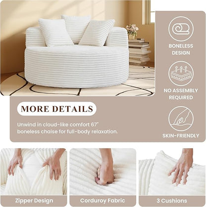 WJShome Oversized Round Chair Lounge Chaise Indoor,Upholstered Corduroy Sofa Bed with 3 Pillows,Comfy Sleeper Boneless Couch,Deep Seat Couches for Living Room, Beige