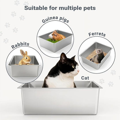Kirecoo Stainless Steel Cat Litter Box XL- Metal High Sided Cat Pan, Large Stainless Steel Box, Indoor Litter Tray, Non Stick, No Smell, Easy to Clean, Pet Toilet Supplies for Kitten, Kitty, Rabbit