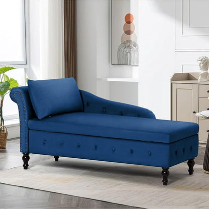 ACMEASE Upholstered Velvet Chaise Lounge with Left Armrest & Storage Space,Button Tufted Lounge Chair w/Lumbar Pillow,Modern Lounge Chair for Bedroom, Living Room and Office,Blue