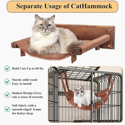 JSPYFITS Wooden Cat Furniture Wall Mounted, Double Layer Hammock, Large Size 18.9″ Removable Multi-Function Cat Bed for Sleep/Play/Climb, Kitten Window Perch, Easy DIY Installation(Brown)
