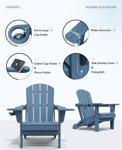 SERWALL Round Outdoor Coffee Table Set,Outdoor Round Coffee Table and Adirondack Chairs with Cup Holders Patio Furniture,Blue