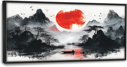 Framed Large Japanese Mountain Wall Art for Living Room, Oversized Asian Red Sun Lake Landscape Wall Decor Nature Canvas Painting Home Decoration for Living Room Bedroom Office 60"x30"