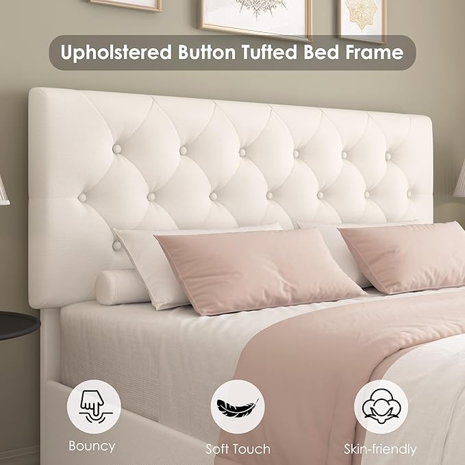 Keyluv Modern Upholstered Bed Frame with 4 Drawers, Button Tufted Headboard Design, Solid Wooden Slat Support, Easy Assembly, Fabric, Beige, Full Size