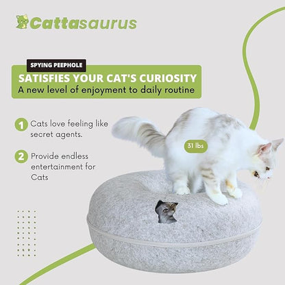Cattasaurus Peekaboo Cat Cave, Extra Spacious for Multiple & Large Cats 12+ lbs, Scratch Detachable Beds for Indoor Cats, Washable Tunnel Bed, Comfy Cat Donut Tunnel (Light Gray+Light Gray, Jumbo)
