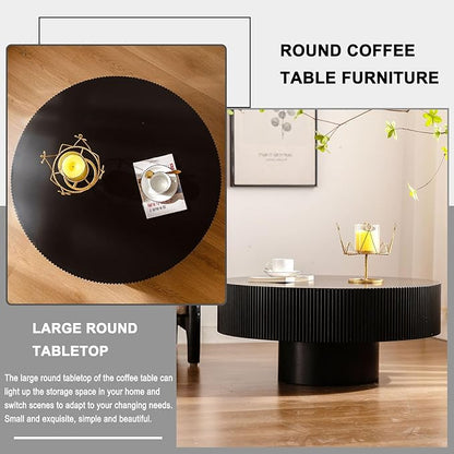 Round Coffee Table, Handcrafted Fluted Drum Coffee Tables Modern Wood Coffee Table Circle Drum Center Table for Living Room, Apartment (Black Thick)