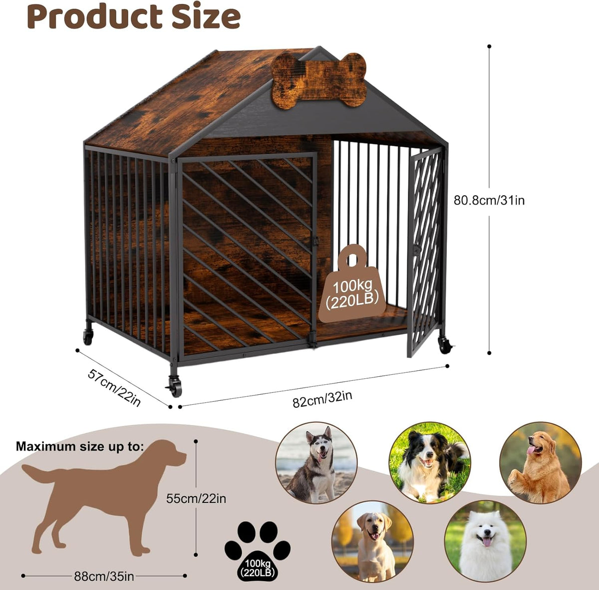 Furniture-Style Dog Crate with Gable Roof Design, Double Locking Doors Indoor Kennel for Small & Medium Dogs, Chew-Proof Escape-Proof Dog Cage, Rustic Brown