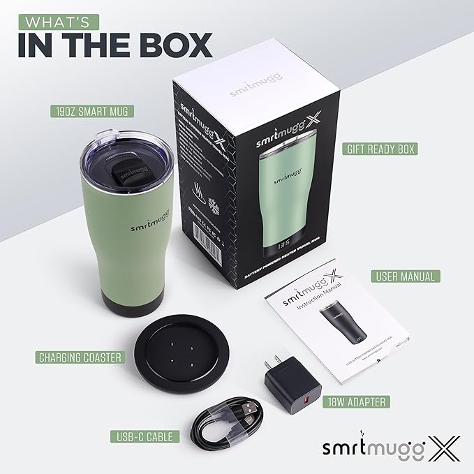 X Heated Coffee Mug 19 oz., 8 Hour Battery Life, Self-Heating, Adjustable Temp