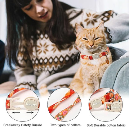 ARING PET 2 Pack Cat Collars, Breakaway Cotton Fall Halloween Kitten Collar with Bells for Girl Boy Cats Floral & Orange Plaid