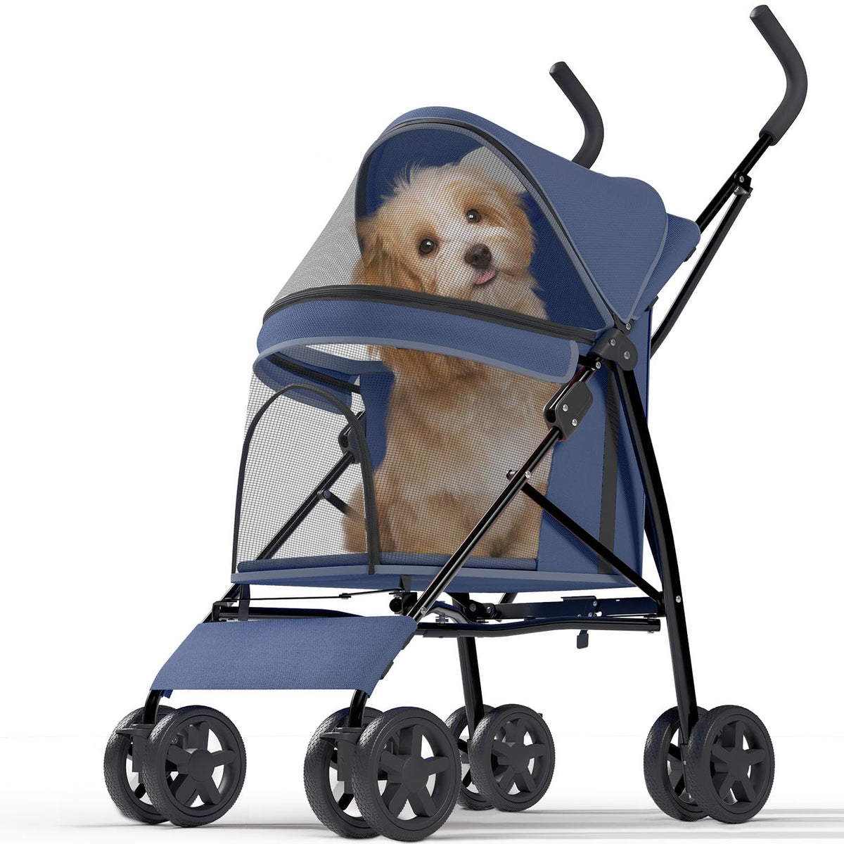 Pet Stroller with 4 Wheels for Small/Medium Pets, Portable Travel Foldable Carrier Jogger for Dog Cat Puppy Kitty, Rear Wheel Breaks, Storage Basket, Visible Mesh Weather Cover (Navy Blue)