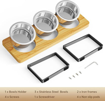 Elevated Cat Bowls with 3 Stainless Steel Bowls | 10° Tilted Anti-Vomiting Raised Cat Food Bowl for Small Cats and Puppies Pet Bowl with Stand