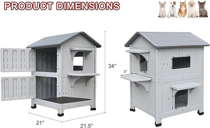 Rockever Plastic Insulated Outdoor Cat House with Escape Door, 2 Story Waterproof Cat House for Outdoor Cats for Feral Cats, Elevated Outside Cat Shelter, Clean and Assemble Easily