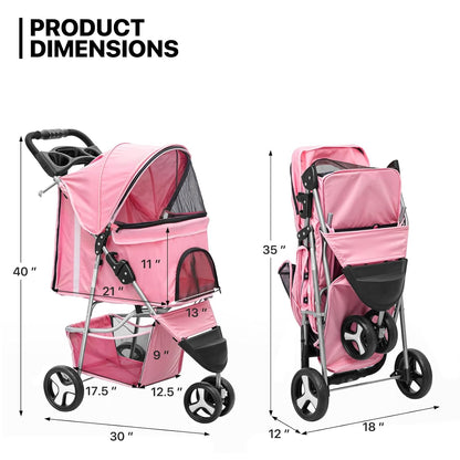 MoNiBloom 3-Wheels Foldable Pet Stroller with Waterproof Cover, Pet Strolling Cart for Small/Medium Dogs and Cats with Storage Basket and Cup Holder, Breathable and Visible Mesh for All-Season, Pink