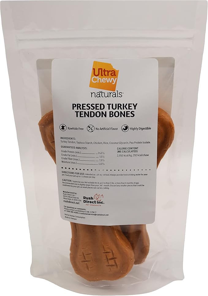 Ultra Chewy Turkey Tendon Pressed Bones for Dogs - Premium All-Natural, Hypoallergenic, Long-Lasting Dog Chew Treat, Easy to Digest, Ingredient Sourced from USA (6 Inches - 2 Pack)