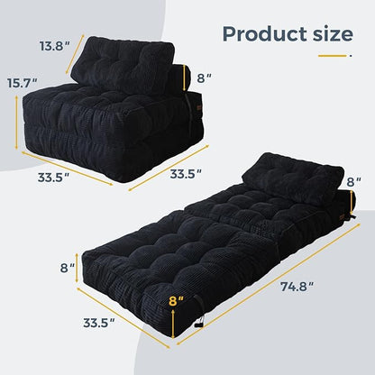 MAXYOYO Folding Sofa Bed, Convertible Sleeper Chair with Pillow Foldable Mattress with Back Support, Portable Fold Out Chair Bed Comfy Floor Sofa Lounge for Living Room Bedroom, Black, Single