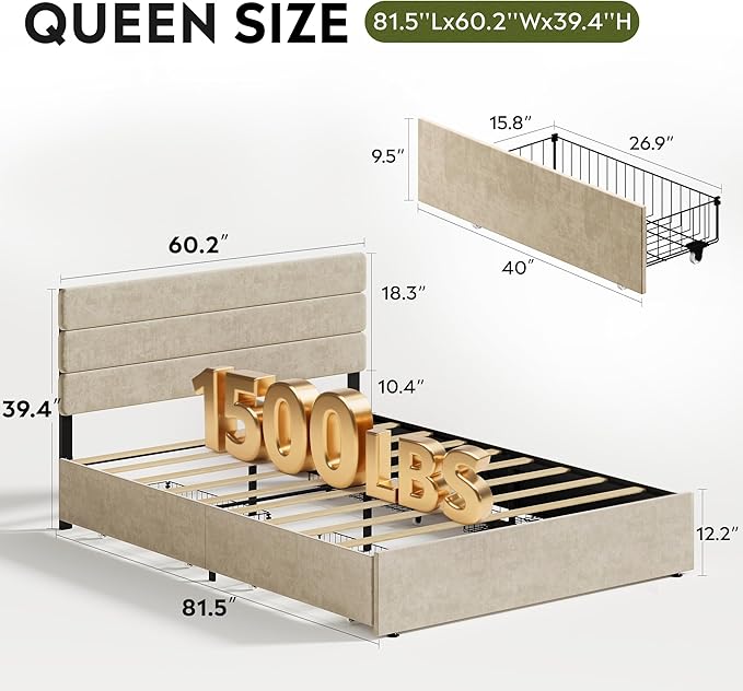 WLIVE Queen Size Upholstered Bed Frame with 4 Drawers and Velvet Square Tufted Headboard, Sturdy Metal & Wooden Slats Support, No Box Spring Needed, Easy Assembly, Beige