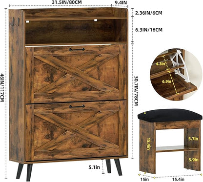 EOYUTLLY Shoe Cabinet with Bench, Entryway Shoe Organizer with 2 Flip Drawers &