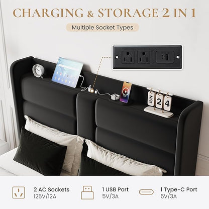 SHA CERLIN Full Size Bed Frame with Charging Station & Storage Headboard, Velvet Platform Bed with Upholstered Modern Wingback Design, Wooden Slats Support, No Box Spring Needed, Easy Assembly, Black