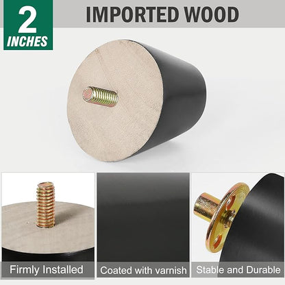FoDau770 Black Rubber Wood Furniture Legs 2 Inches, Slant Tapered Wood Feet Mid Century Sofa Legs Set of 4, 5/16" UNC Furniture Feet Replacement Parts for Cabinet Couch Dresser Chair Ottoman Table