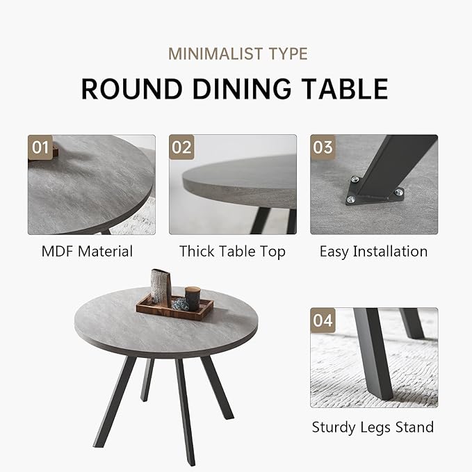 Round Dining Table Set, Mid Century Modern Small Round Dining Table Set, Saving Space (Table + 4 Grey Chairs)