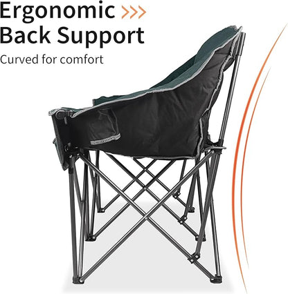 LANMOUNTAIN Fully Padded Folding Double Camping Chairs,Comfy Oversized Loveseat Lawn Chair w/Wine Glass Holder,Cup Holder,Heavy Duty Outdoor Portable Camp Couch Support 600 Lbs,Dark Green