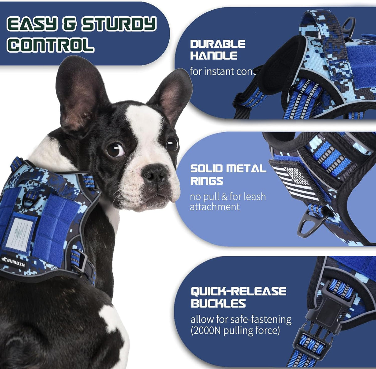 BUMBIN Tactical Dog Harness for Small Dogs No Pull, Famous TIK Tok No Pull Puppy Harness, Fit Smart Reflective Pet Walking Harness for Training, Adjustable Dog Vest Harness with Handle Blue Camo S