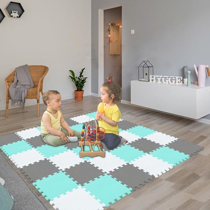 qqpp EVA Rubber 18 Tiles Interlocking Puzzle Foam Floor Mats - Baby Play Mat for Playing | Exercise Mat for Home Workout. White, Green, Gray. QC-AHLb18N