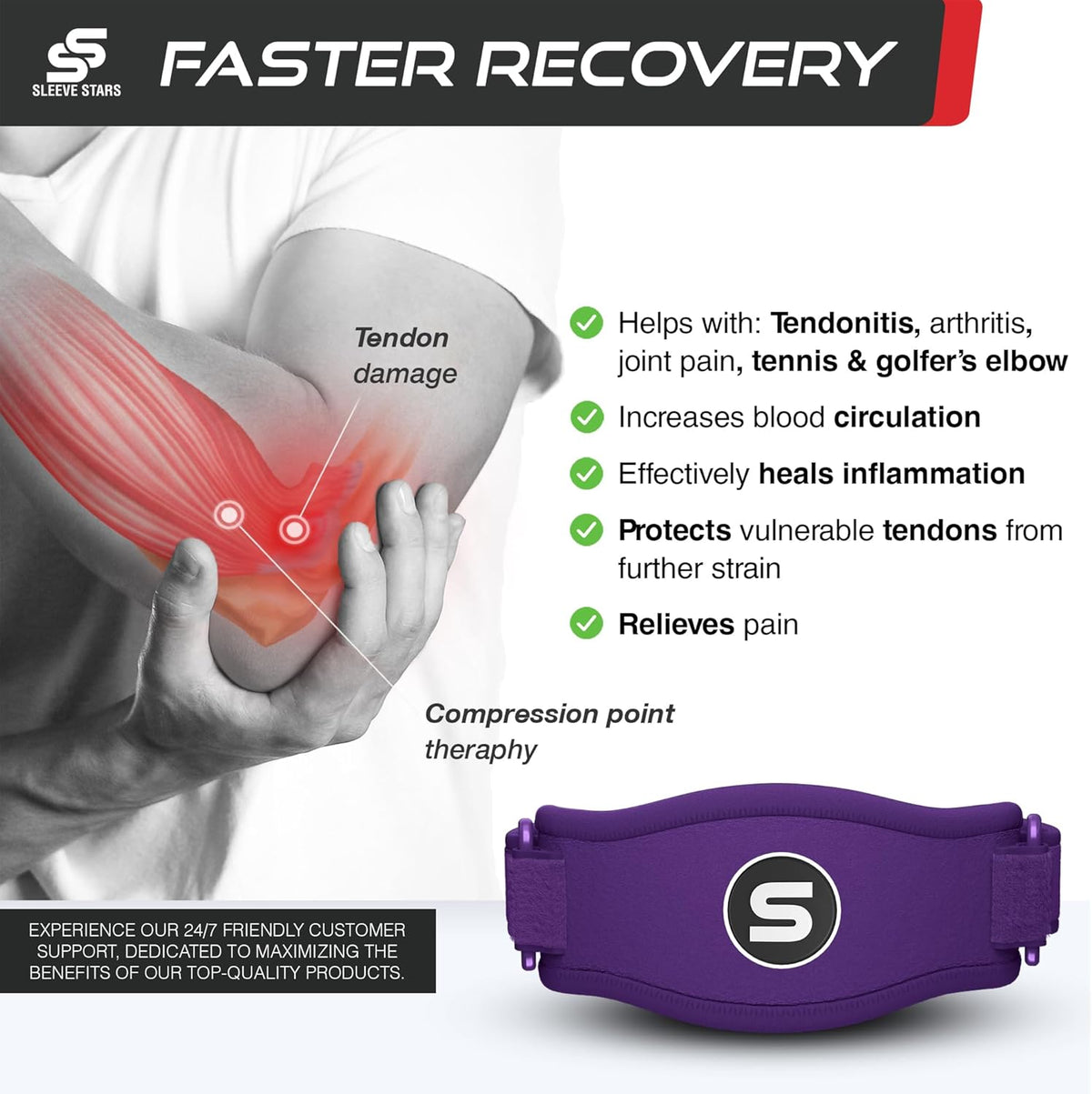 Sleeve Stars Tennis Elbow Brace for Women - Adjustable Tennis Elbow Strap, Golfers Elbow Brace for Men, Counterforce Brace for Tendonitis Relief, Fits 9"-23" (Pair/Dark Purple)
