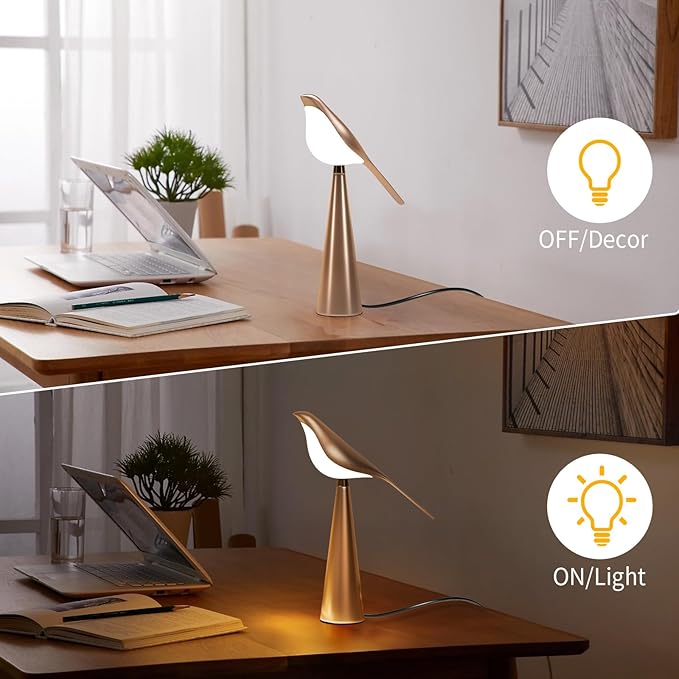 Small Desk Lamp, Bird Lamp, 10 Level Dimmable Brightness Bedside Night Light, Bedroom Table Lamp for Dorm, Office, Gifts, Reading, 3 Colors, Metal Finish, Gold, 360° Rotation