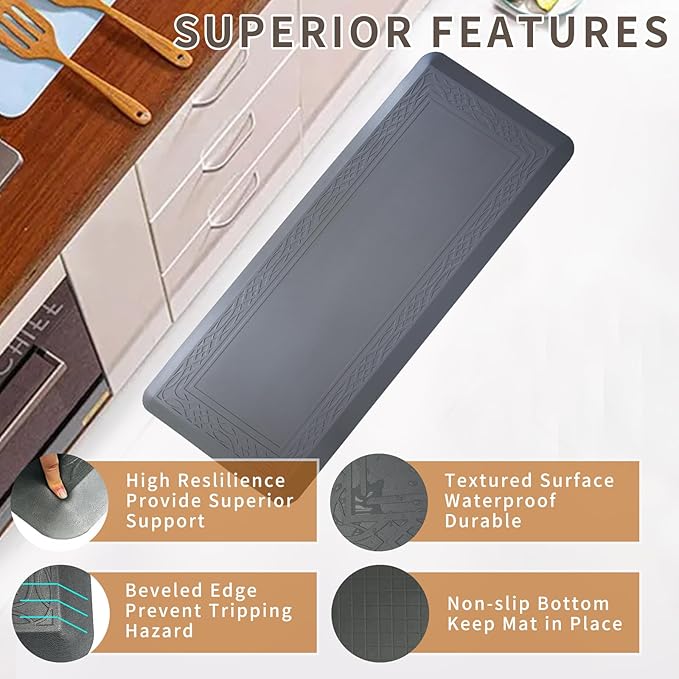 24 x 60 Inch Extra Support Anti Fatigue Comfort Kitchen Mat, Waterproof Long Kitchen Runner, Non-Slip Standing Desk Mat, Commercial Pads for Offices, Home, Garages (Bordeaux Grey, 24'' x 60'')