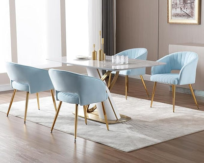 KCC Modern Accent Dining Chairs Set of 6, Velvet Dining Room Chairs with Tufted Hollow Back, Gold Metal Legs, Baby Blue