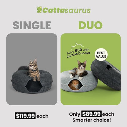 Cattasaurus Peekaboo Cat Cave, Extra Spacious for Multiple & Large Cats 12+ lbs, Scratch Detachable Beds for Indoor Cats, Washable Tunnel Bed, Comfy Cat Donut Tunnel (Light Gray+Dark Gray, Jumbo)