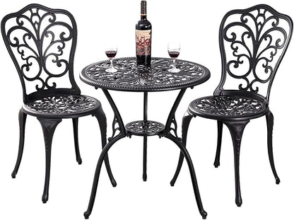 Withniture 3 Pieces Bistro Sets Cast Aluminum Outdoor Bistro Set, Patio Bistro Sets with Umbrella Hole, Weather Resistant Bistro Table and Chairs Set of 2 for Porch (Black, Butterfly)