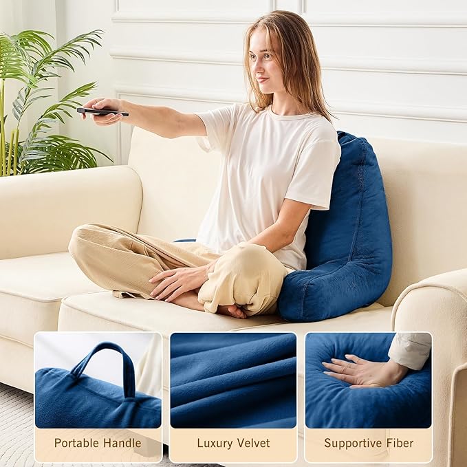 Sasttie Reading Pillow, Velvet Back Pillow for Bed Sitting Up, Adult Back-Rest Support Cushion with Arms for Sit Up on Couch, Sofa, and Floor, Dorm Essentials, Reading Accessories, Navy