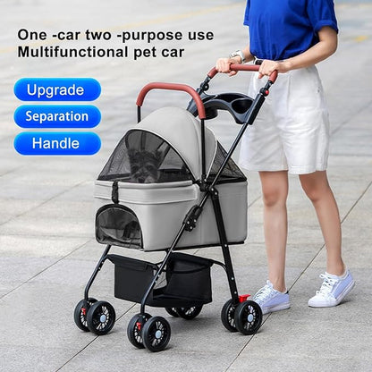 Pet Stroller Pram Dog Carrier Trailer 4 Wheels Foldable Dog with Storage Basket,Holds up to 44 lbs,Adjustable Handle,Folding Travel Stroller Suitable for Traveling with Cats and Dogs (Grey)
