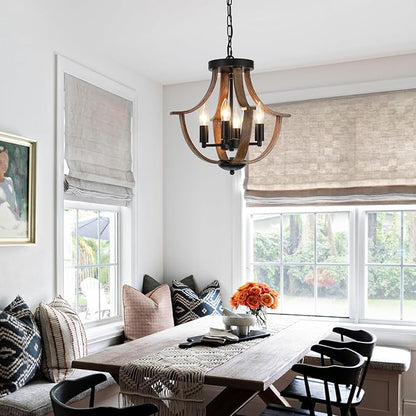 Farmhouse Hanging Pendant Lighting, 4-Light Rustic Flush Mount Ceiling Light Fixture,Modern Faux Wood Vintage Chandelier for Dining Room Kitchen Island Foyer Hallway Entryway Bedroom