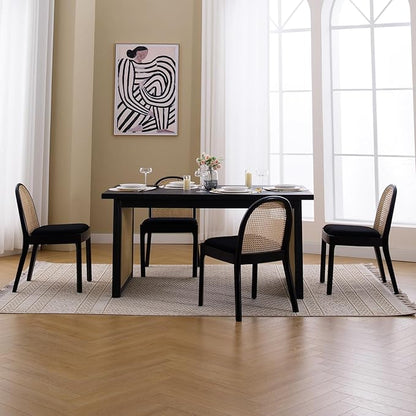 DUOMAY Mid-Century Modern Rattan Dining Chairs Set of 2, Wooden Dining Room Chair with Cane Backrest and Padded Seat, Black Sherpa Upholstered Dining Chair, Black Finish