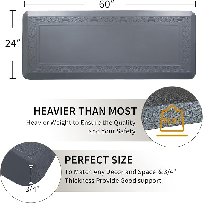 24 x 60 Inch Extra Support Anti Fatigue Comfort Kitchen Mat, Waterproof Long Kitchen Runner, Non-Slip Standing Desk Mat, Commercial Pads for Offices, Home, Garages (Bordeaux Grey, 24'' x 60'')