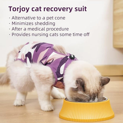 New Professional Cat Recovery Suit After Surgery as E-Collar Alternative, Kitten Recovery Suit for Spay to Cover Abdominal Wounds, Camouflage Apparel Anti-Licking Cat Onesie (S, Purple)
