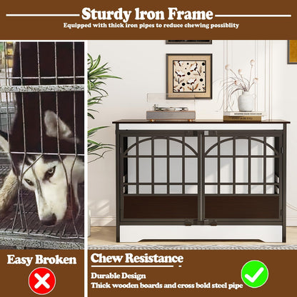 COZPAW 52 Inch Dog Crate Furniture, Extra Large Dog Kennel Indoor for XLarge Breed, Heavy Duty Dog Cage with Double Elegant Arched Doors, Decorate as TV Stand & End Table - White Brown